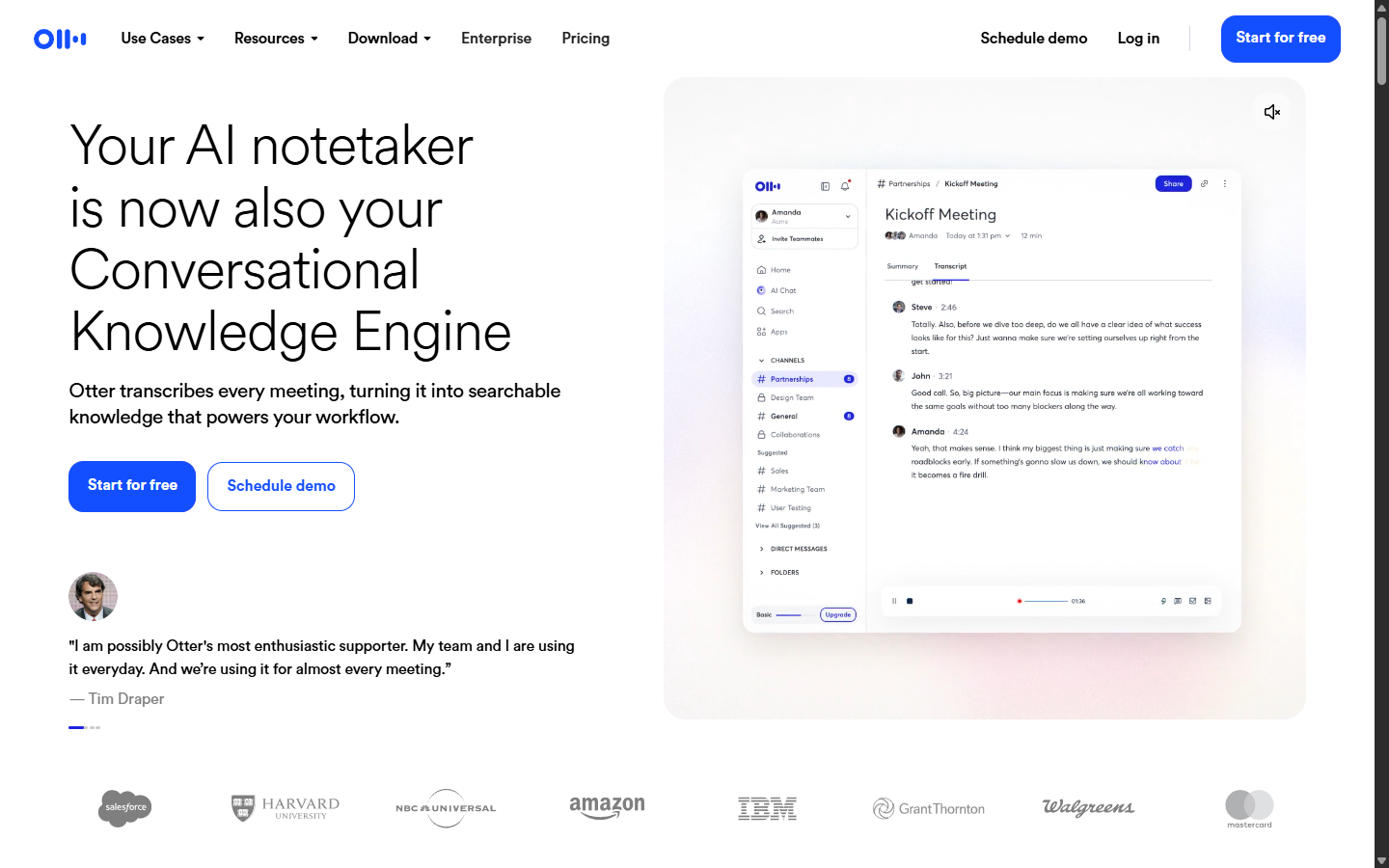 Otter.ai meeting transcript view with speaker labels