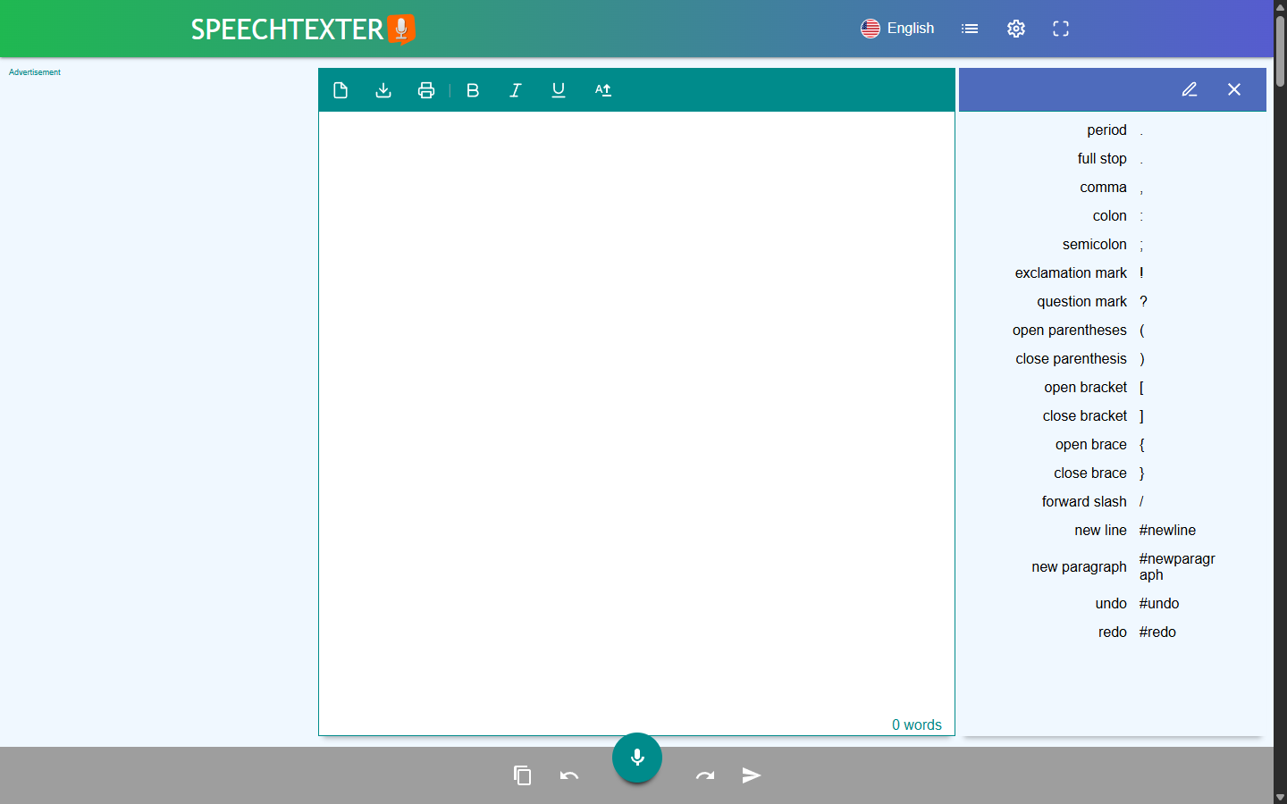 SpeechTexter web notepad with its voice command sidebar