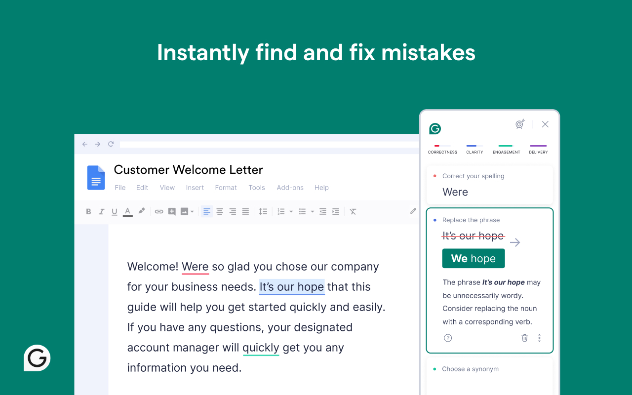 Grammarly schlägt in einem Textfeld Grammatik- und Klarheitskorrekturen vor