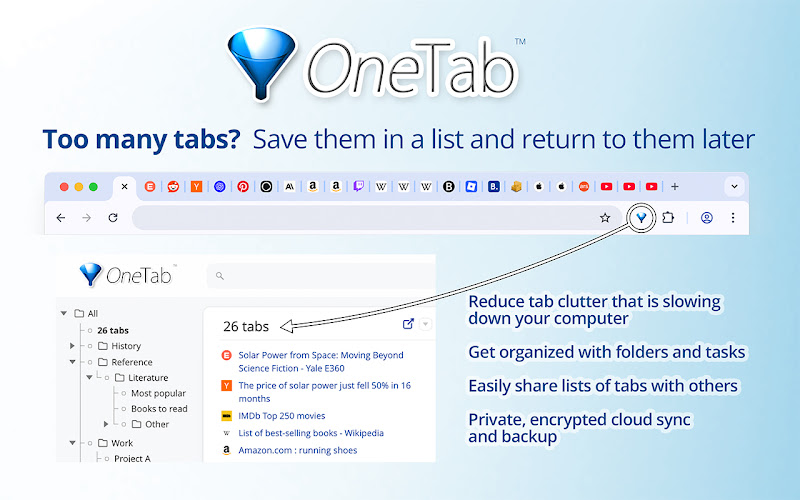 OneTab faltet eine Wand offener Browser-Tabs in eine einzige aufgeräumte Liste zusammen