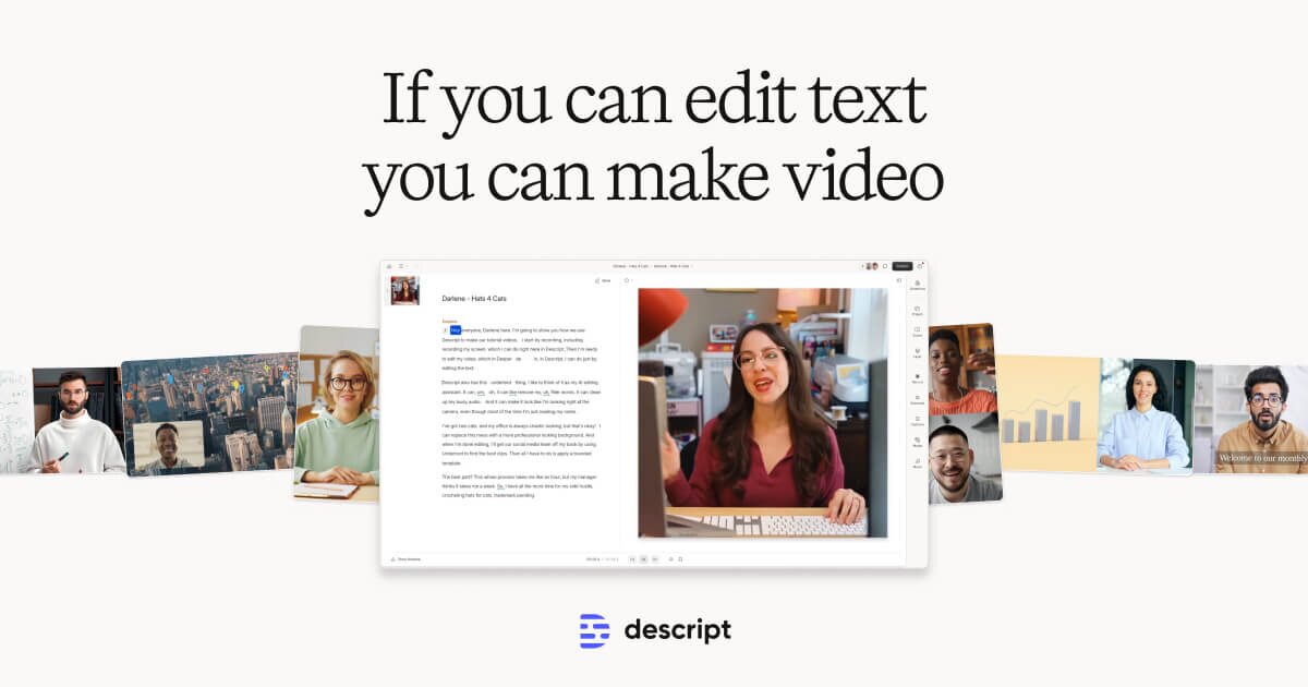 Descript-Editor-Screenshot: textbasierte Videobearbeitung neben einer Videovorschau