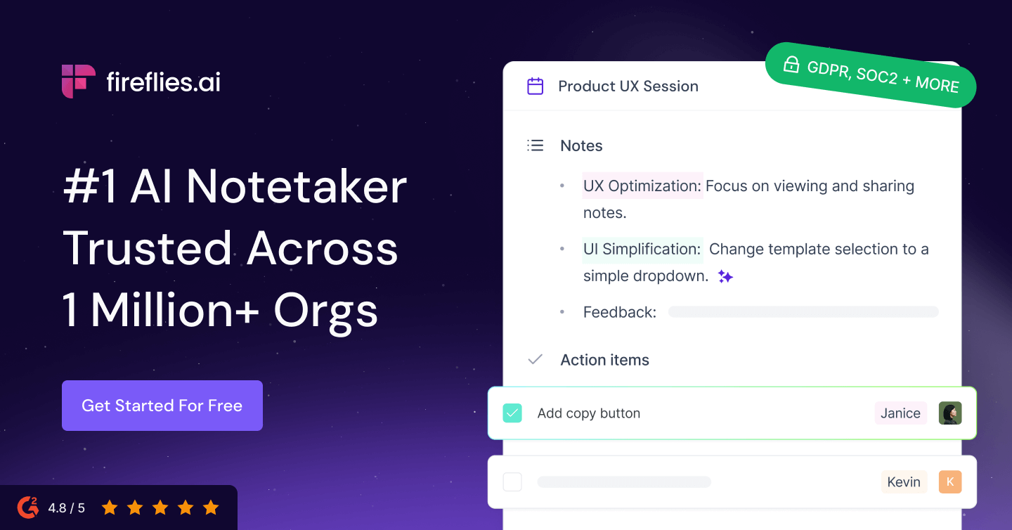 Fireflies.ai-Produkt-UI-Mockup mit Meeting-Notizen, Aufgaben und Sicherheits-Badges