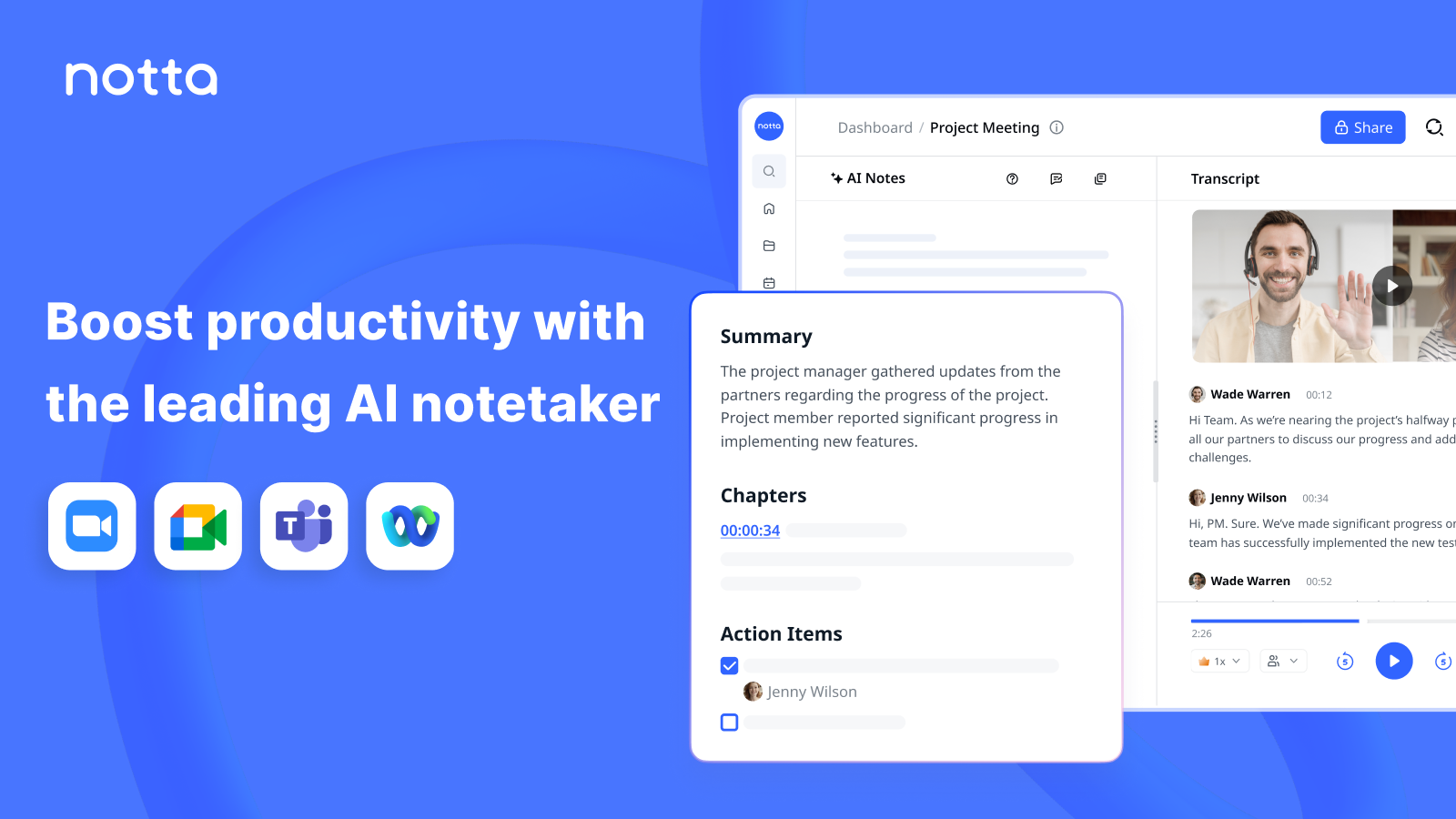 Notta-Produkt-UI zeigt KI-Notizen, Transkript, Zusammenfassung und Aufgaben für ein Projektmeeting