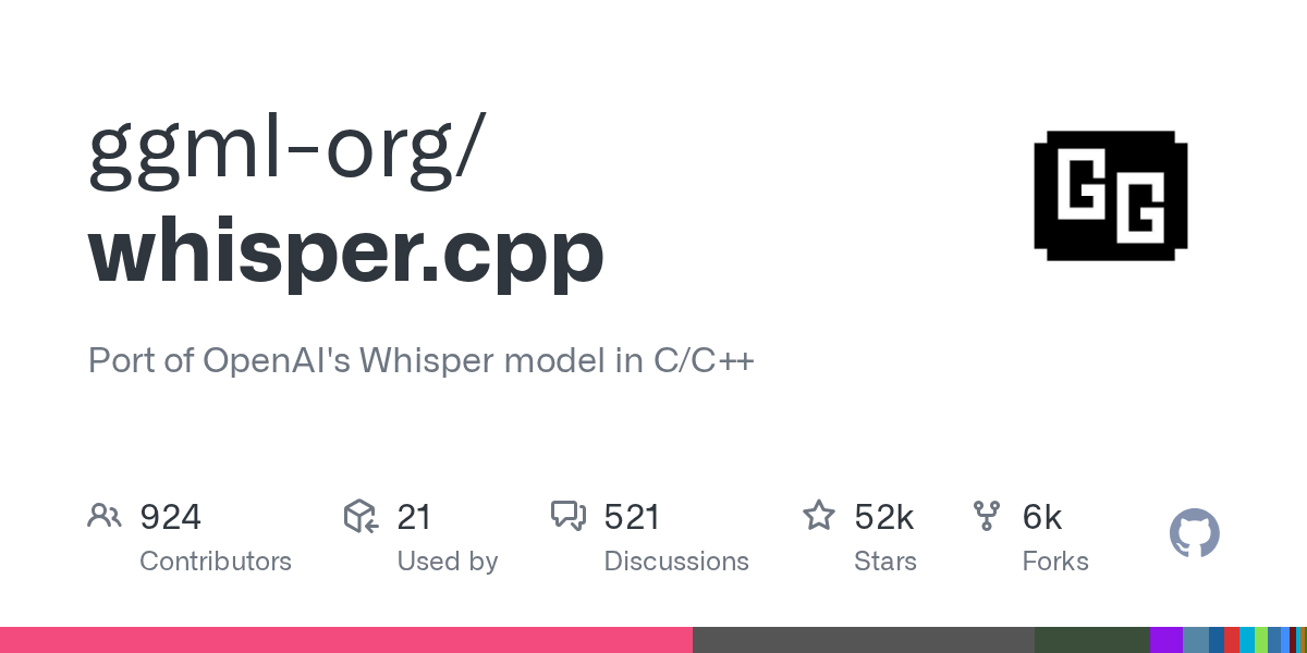 GitHub-Projektkarte von whisper.cpp für die schlanke lokale Whisper-C++-Implementierung