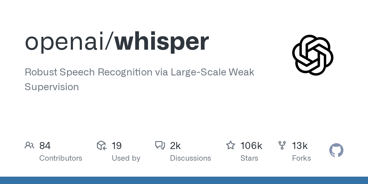 GitHub-Projektkarte von OpenAI Whisper für das lokale Open-Source-Spracherkennungsmodell