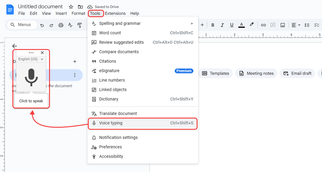 How to enable voice typing in Google Docs - Tools menu showing Voice typing option