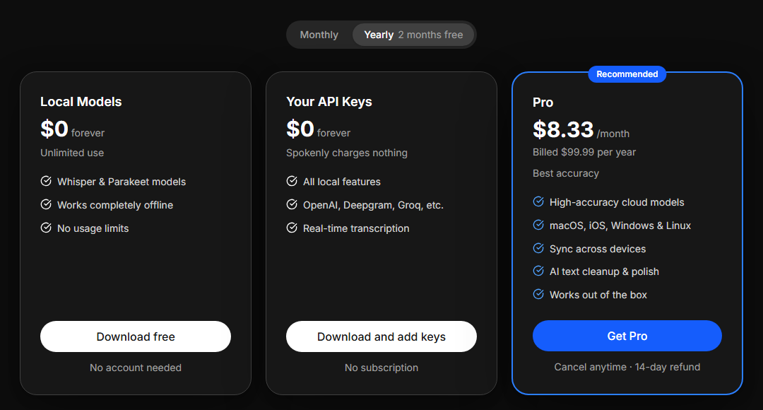 Spokenly-Preisseite mit Local Models für null Dollar für immer, Your API Keys für null Dollar für immer und Pro für 8,33 $ pro Monat, bei ausgewähltem Yearly-Umschalter