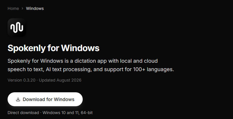 Die Spokenly-für-Windows-Seite mit Version 0.3.20, aktualisiert August 2026, und einem Download-Button mit der Beschriftung Windows 10 and 11, 64-bit