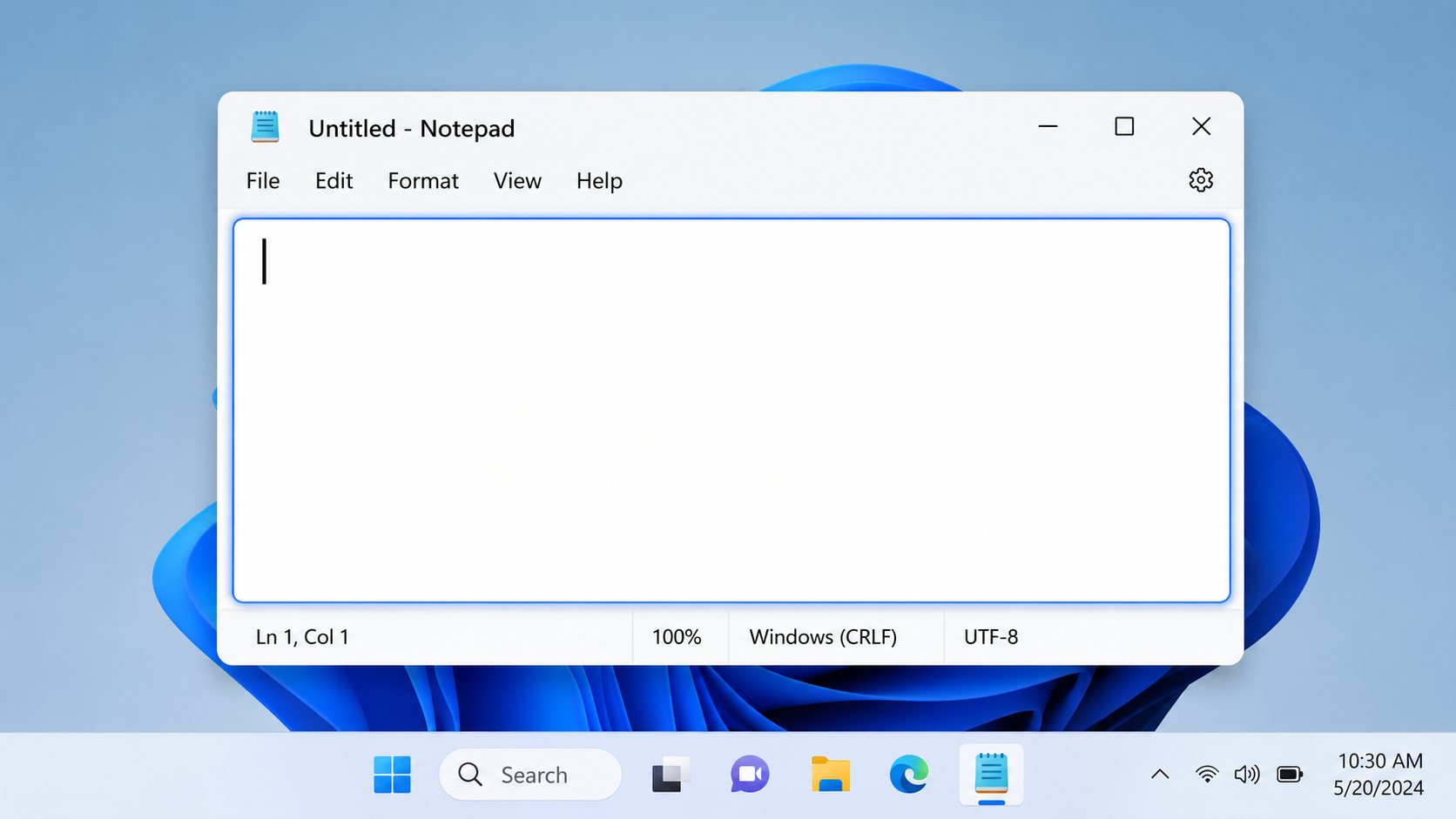 Schritt 1: Notepad auf einem Windows-Laptop mit Cursor in einem leeren Textfeld