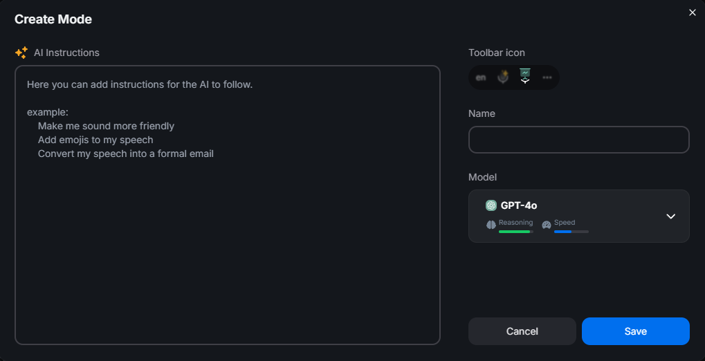 BlabbyAI Create Mode popup showing 4 sections (AI Instructions, Mode Name, Icon/Color, Model Picker)