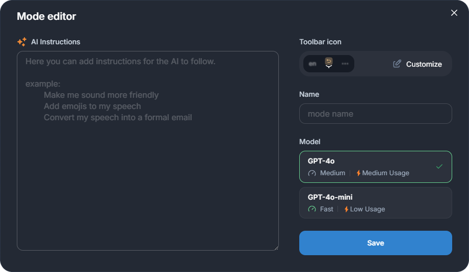 Create Modes Modal
