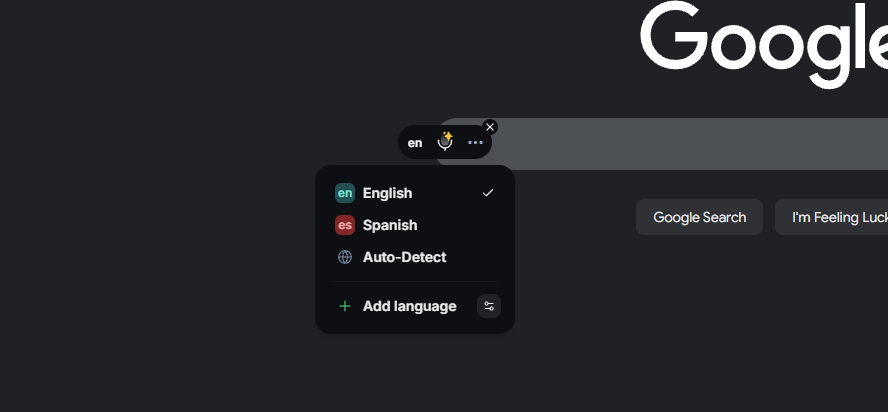 Language picker dropdown in BlabbyAI toolbar showing multiple language options