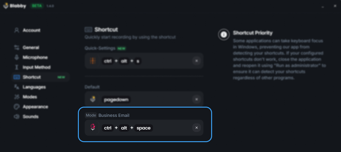 Shortcuts tab showing the new Professional Business Email mode with assigned shortcut Ctrl+Alt+P
