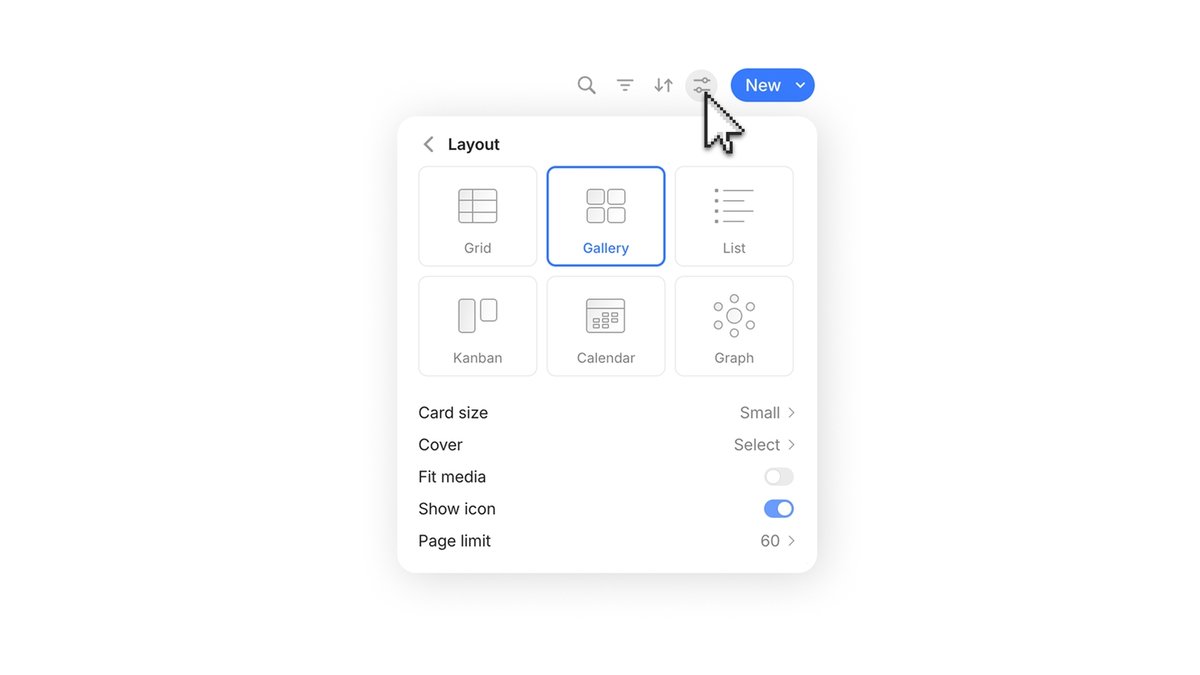 Anytype-Layout-Auswahl mit Raster-, Galerie-, Listen-, Kanban-, Kalender- und Graph-Ansichten für eine Sammlung