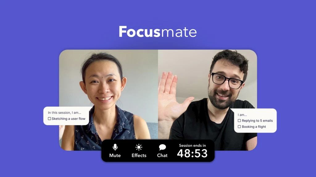 Séance de concentration Focusmate en body-doubling vidéo en direct avec un partenaire