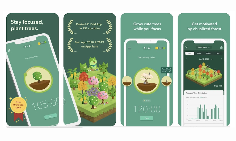 App Forest faisant pousser un arbre virtuel pendant une séance de concentration