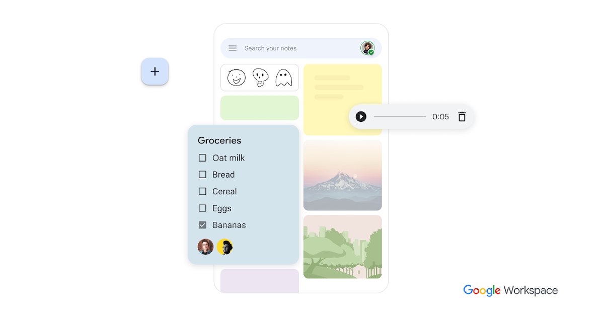 Google-Keep-Board mit einer geteilten Einkaufs-Checkliste, einem Sprachmemo und farblich codierten Klebezetteln