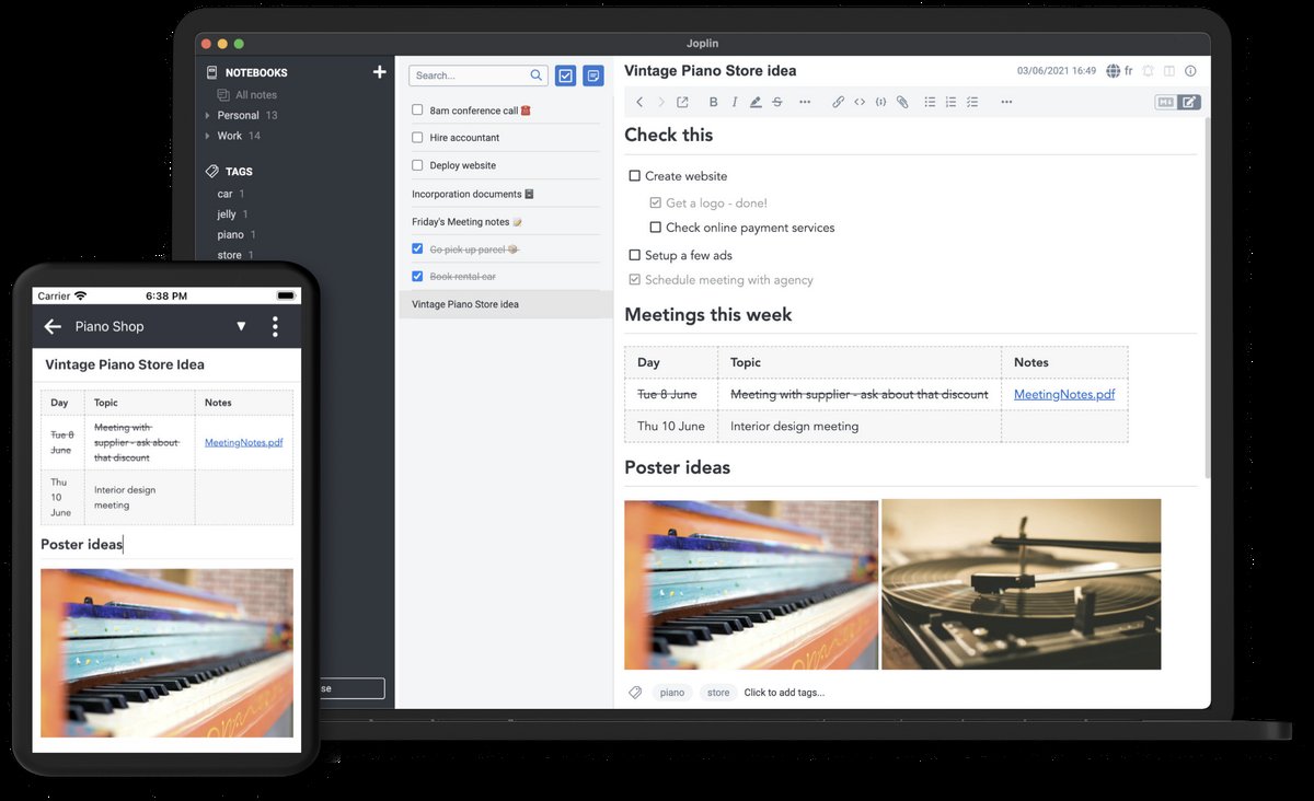 Joplin-Desktop- und Mobil-Apps mit Notizbüchern, einer To-do-Liste und einer Markdown-Notiz mit Tabellen und Bildern