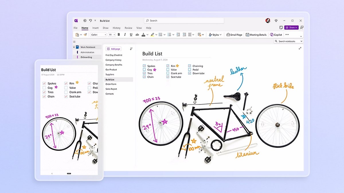 Microsoft OneNote auf einem Windows-Laptop und -Tablet mit einer Bauliste-Seite, einer Checkliste und einem beschrifteten Fahrraddiagramm