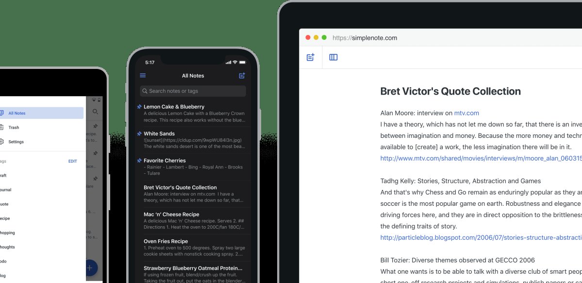 Simplenote auf Desktop, Tablet und Smartphone mit einer reinen Textnotizliste und einem Editor