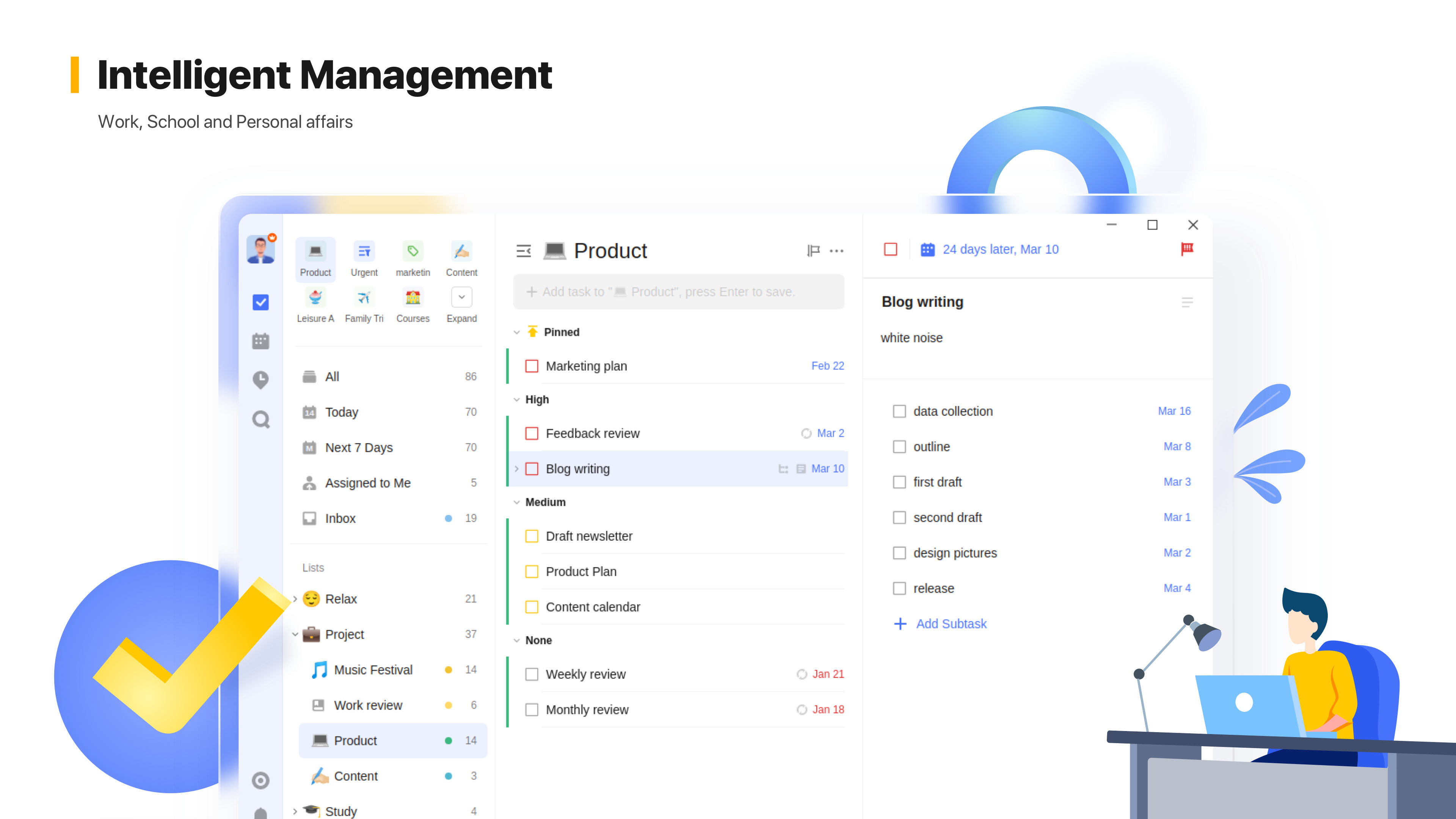App TickTick affichant des tâches, un calendrier et un minuteur Pomodoro intégré