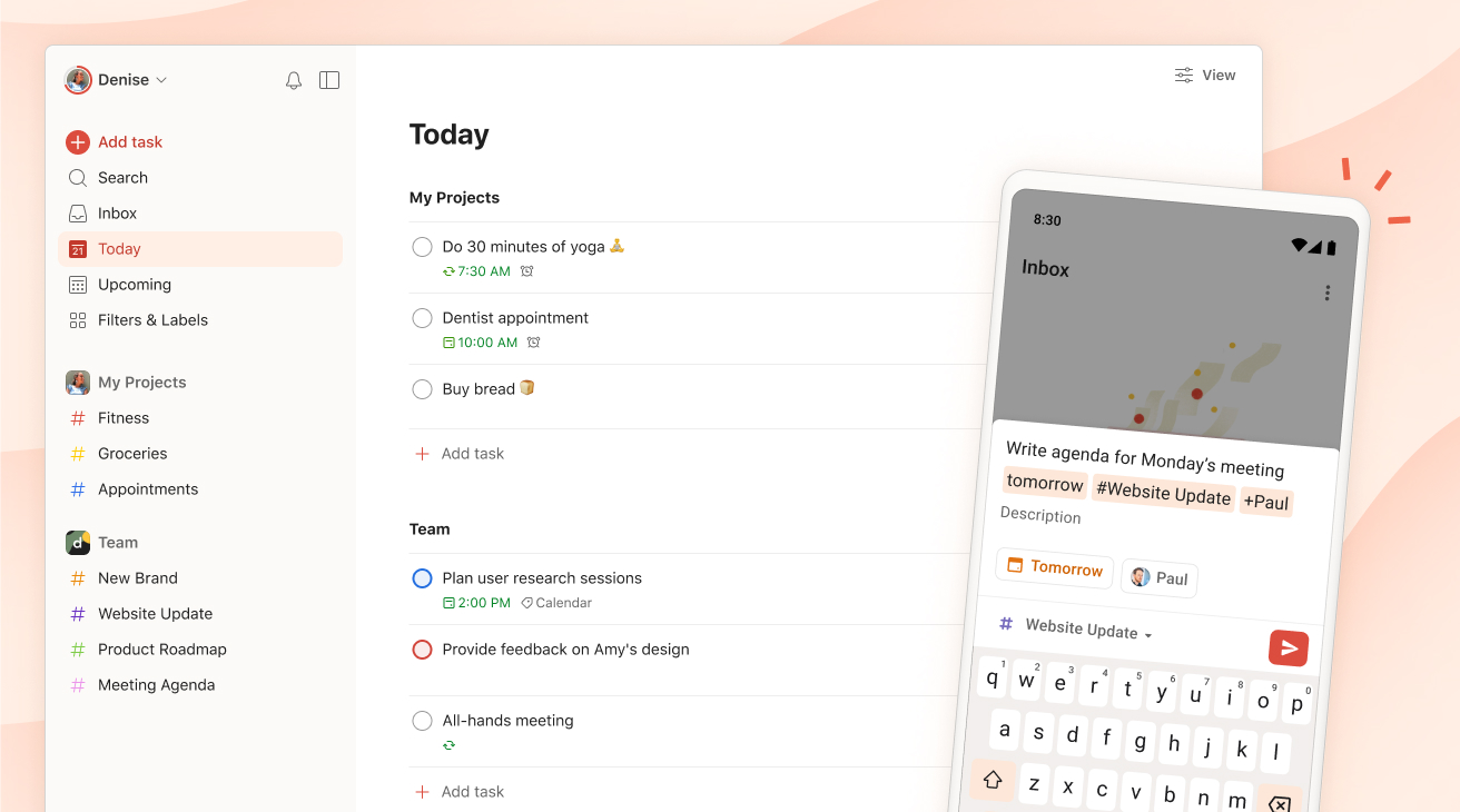 Gestionnaire de tâches Todoist avec ajout rapide en langage naturel et projets